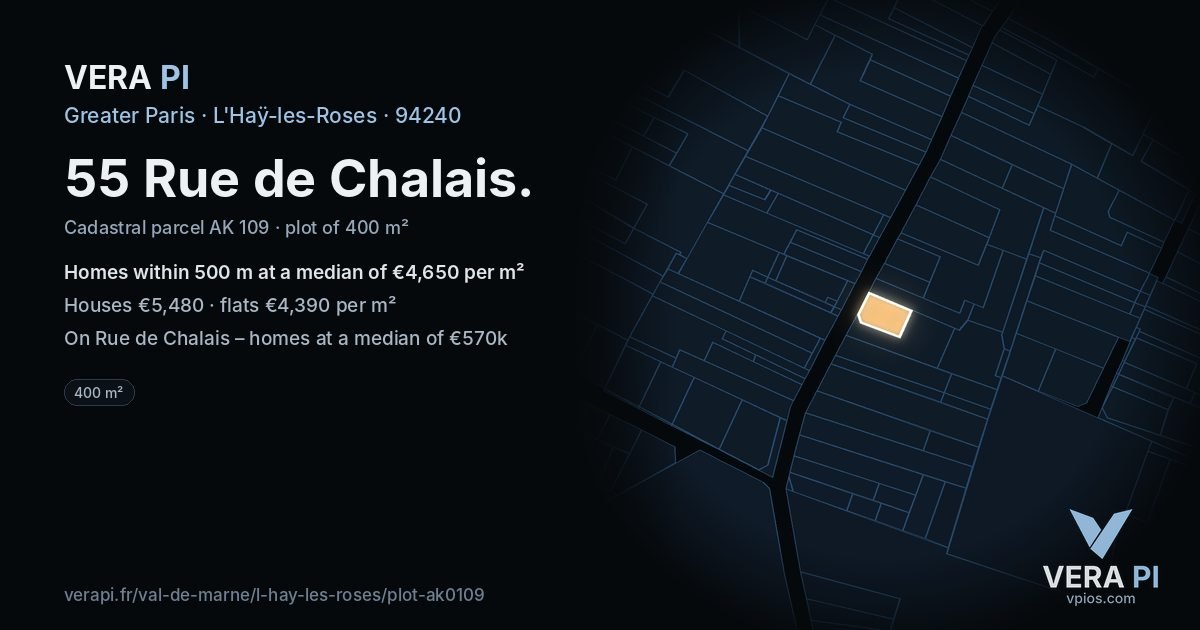 55 Rue de Chalais, L'Haÿ-les-Roses at night – the plot lit, the parcels around coloured by the prices near them