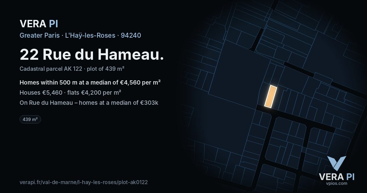 22 Rue du Hameau, L'Haÿ-les-Roses at night – the plot lit, the parcels around coloured by the prices near them