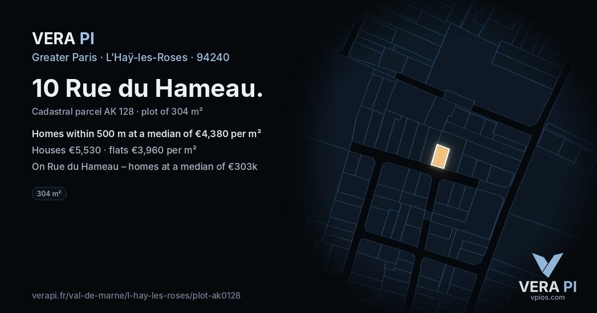 10 Rue du Hameau, L'Haÿ-les-Roses at night – the plot lit, the parcels around coloured by the prices near them