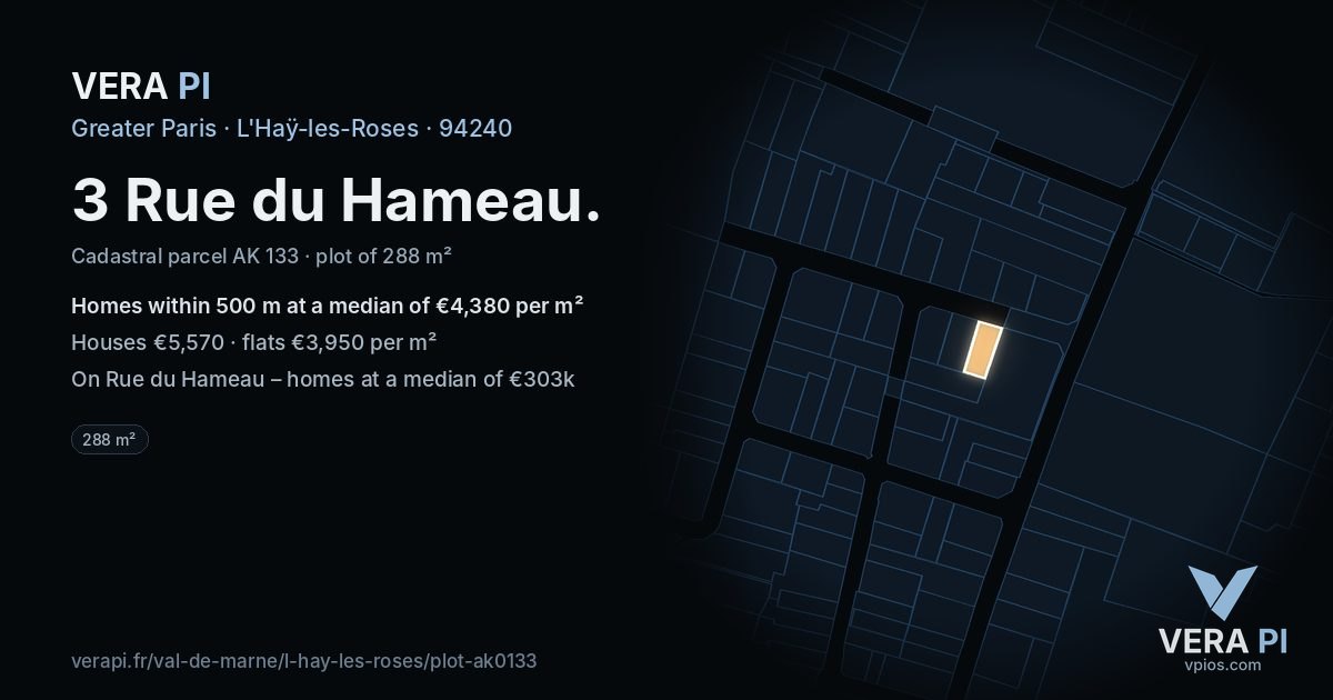 3 Rue du Hameau, L'Haÿ-les-Roses at night – the plot lit, the parcels around coloured by the prices near them