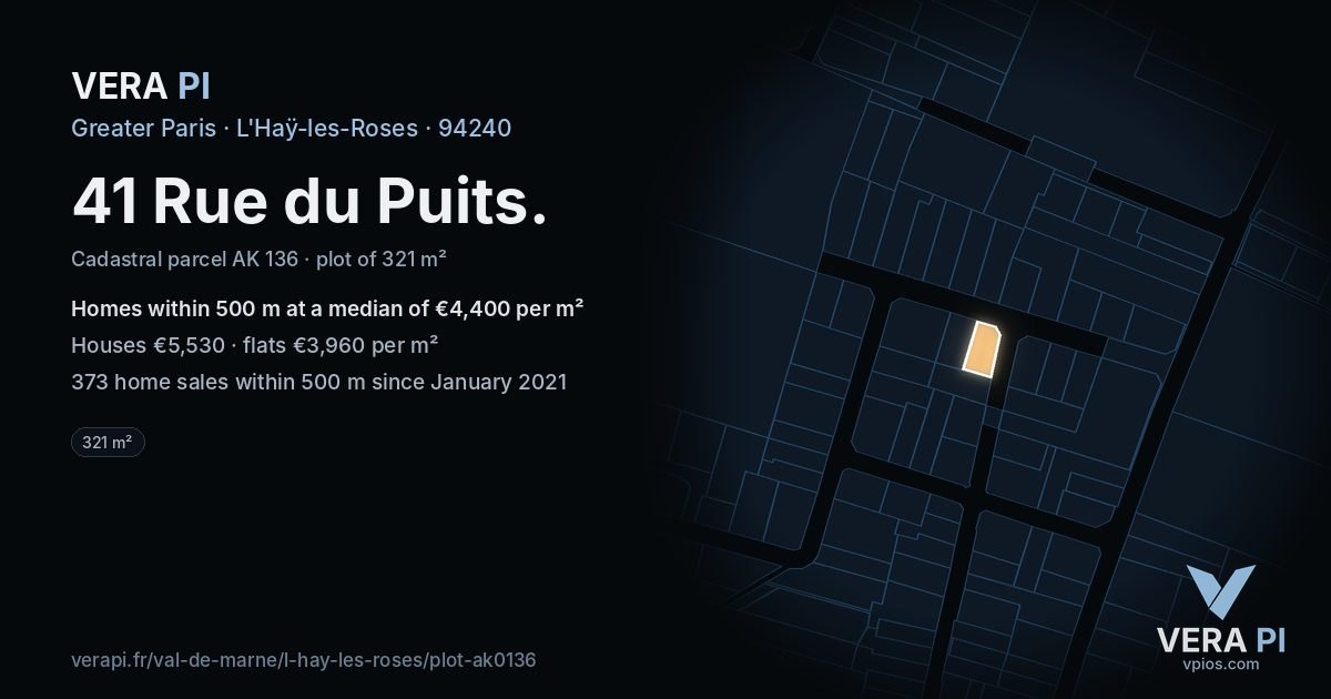 41 Rue du Puits, L'Haÿ-les-Roses at night – the plot lit, the parcels around coloured by the prices near them