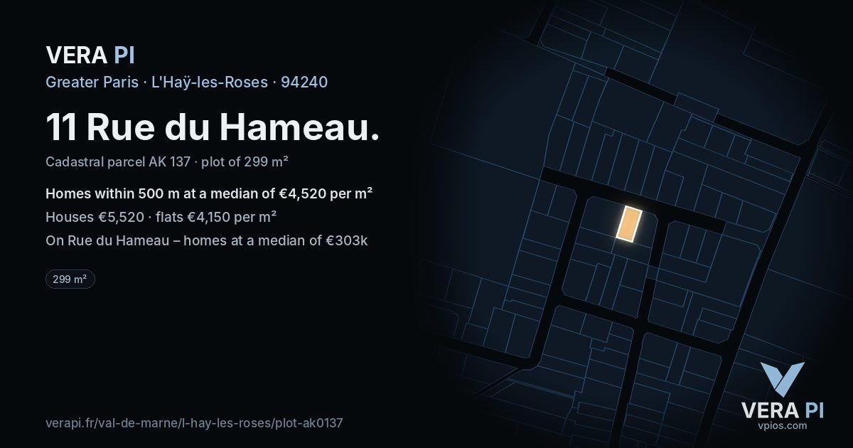 11 Rue du Hameau, L'Haÿ-les-Roses at night – the plot lit, the parcels around coloured by the prices near them