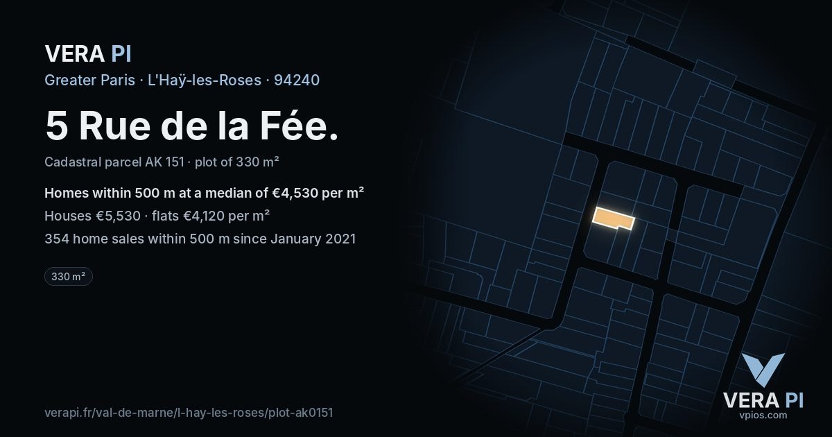5 Rue de la Fée, L'Haÿ-les-Roses at night – the plot lit, the parcels around coloured by the prices near them