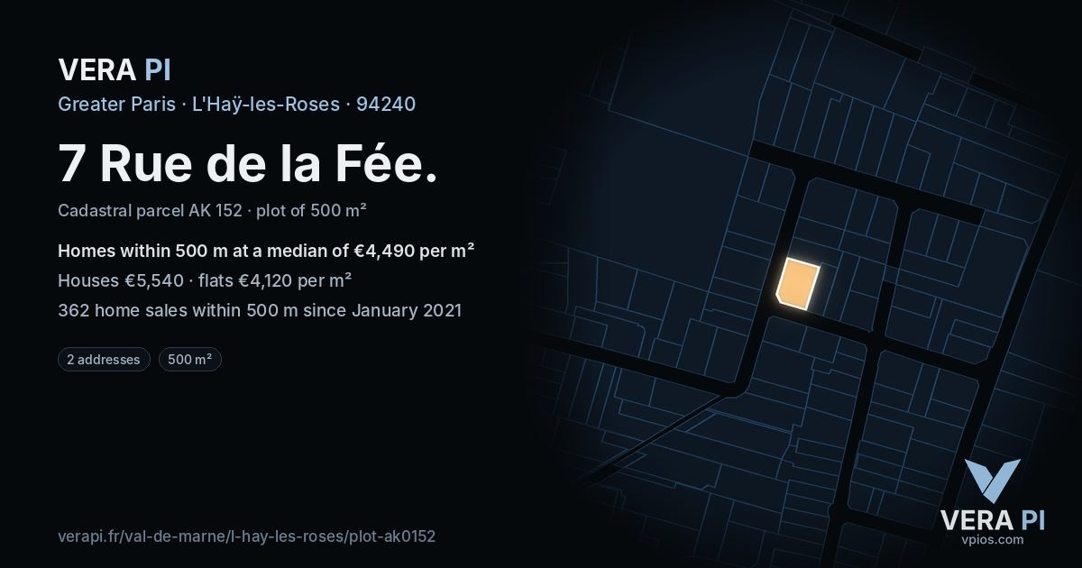 7 Rue de la Fée, L'Haÿ-les-Roses at night – the plot lit, the parcels around coloured by the prices near them
