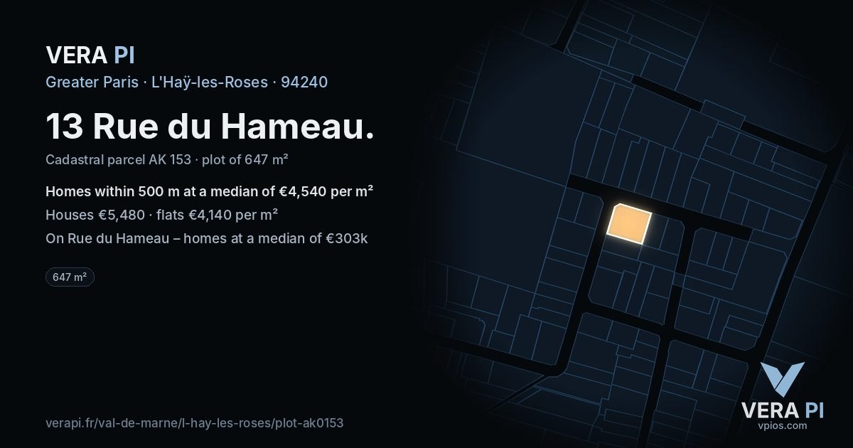 13 Rue du Hameau, L'Haÿ-les-Roses at night – the plot lit, the parcels around coloured by the prices near them