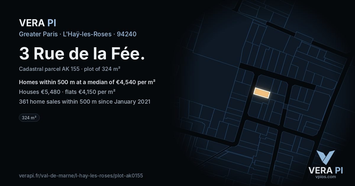 3 Rue de la Fée, L'Haÿ-les-Roses at night – the plot lit, the parcels around coloured by the prices near them