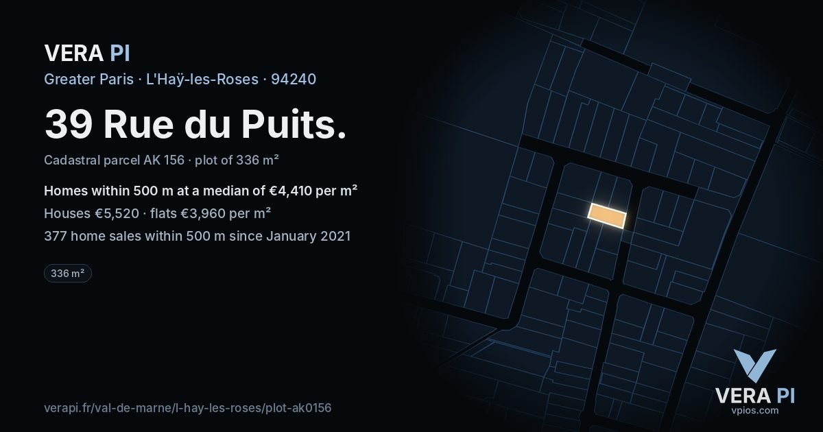 39 Rue du Puits, L'Haÿ-les-Roses at night – the plot lit, the parcels around coloured by the prices near them