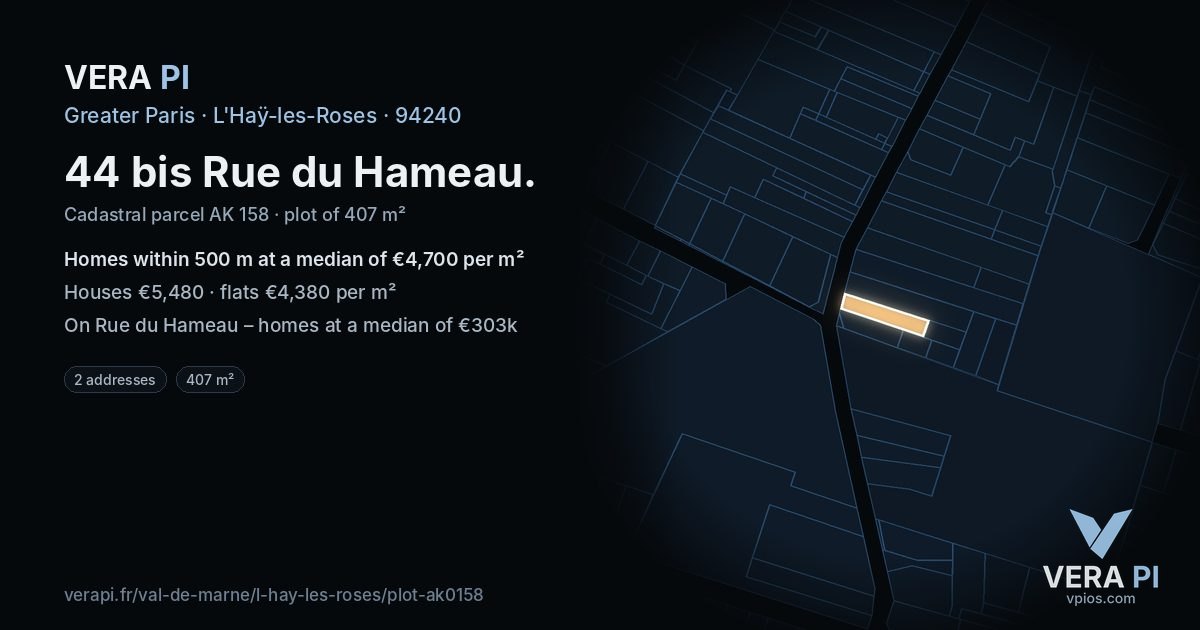 44 bis Rue du Hameau, L'Haÿ-les-Roses at night – the plot lit, the parcels around coloured by the prices near them