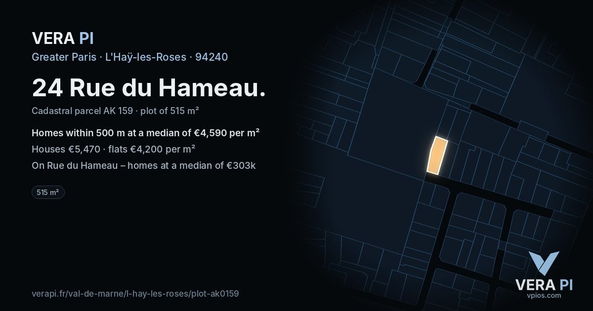 24 Rue du Hameau, L'Haÿ-les-Roses at night – the plot lit, the parcels around coloured by the prices near them