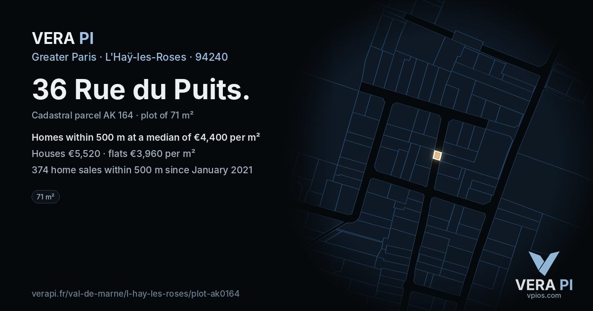 36 Rue du Puits, L'Haÿ-les-Roses at night – the plot lit, the parcels around coloured by the prices near them
