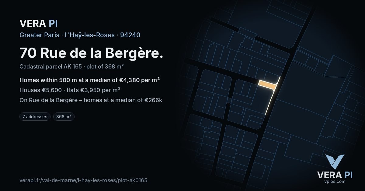 70 Rue de la Bergère, L'Haÿ-les-Roses at night – the plot lit, the parcels around coloured by the prices near them