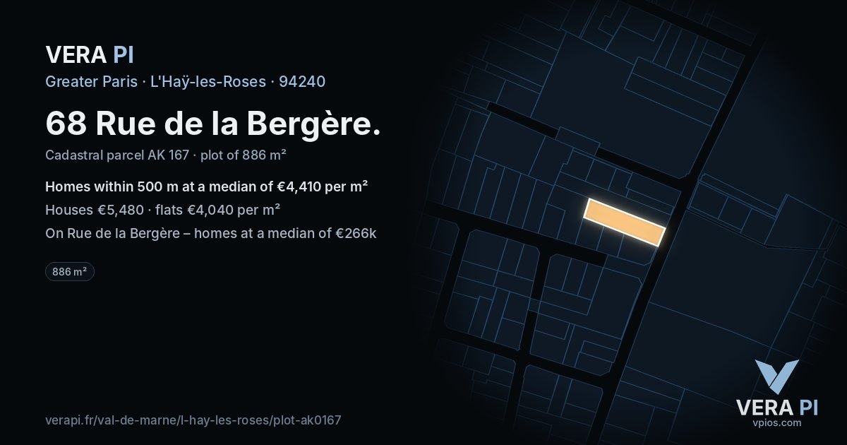 68 Rue de la Bergère, L'Haÿ-les-Roses at night – the plot lit, the parcels around coloured by the prices near them