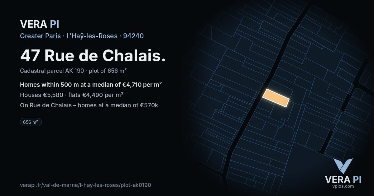 47 Rue de Chalais, L'Haÿ-les-Roses at night – the plot lit, the parcels around coloured by the prices near them
