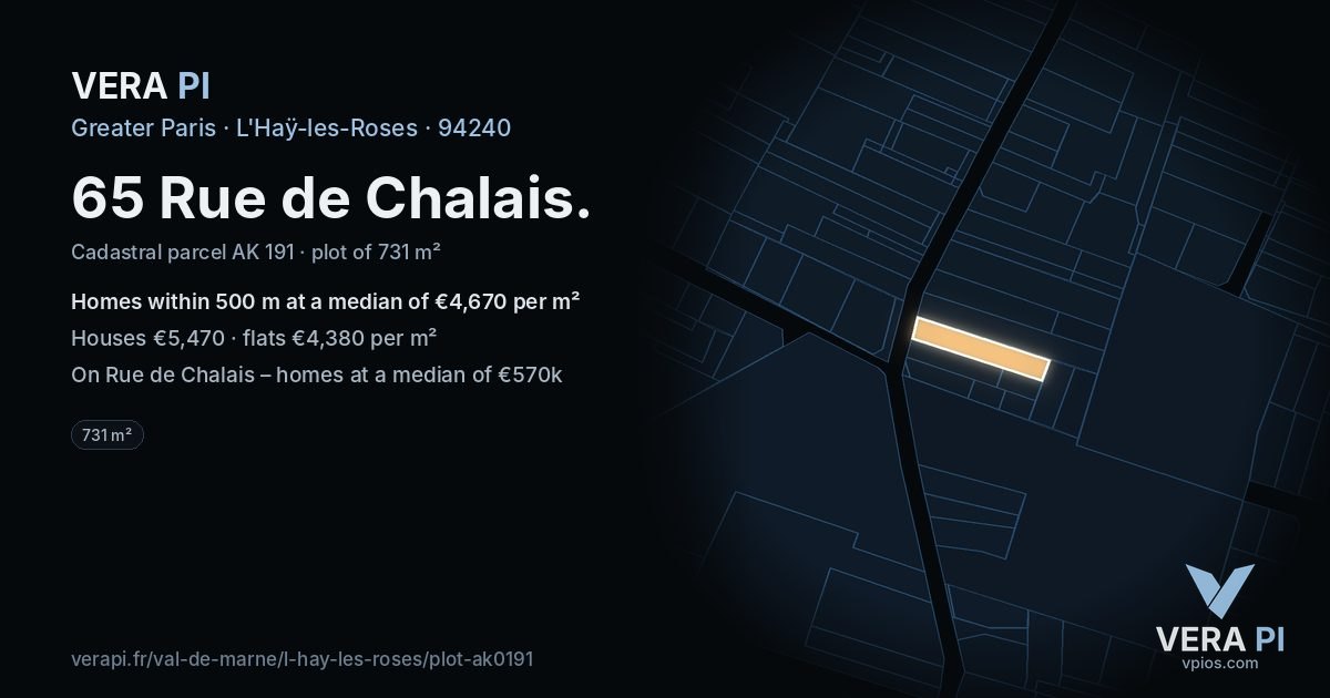 65 Rue de Chalais, L'Haÿ-les-Roses at night – the plot lit, the parcels around coloured by the prices near them