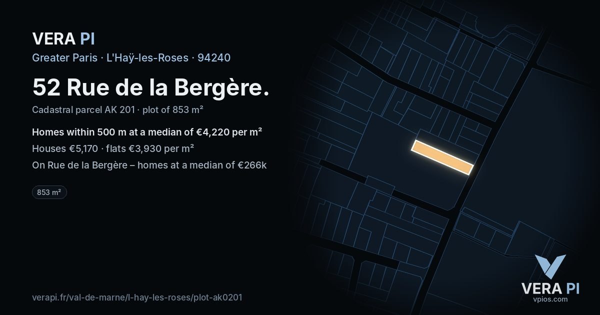 52 Rue de la Bergère, L'Haÿ-les-Roses at night – the plot lit, the parcels around coloured by the prices near them