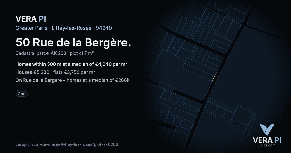 50 Rue de la Bergère, L'Haÿ-les-Roses at night – the plot lit, the parcels around coloured by the prices near them