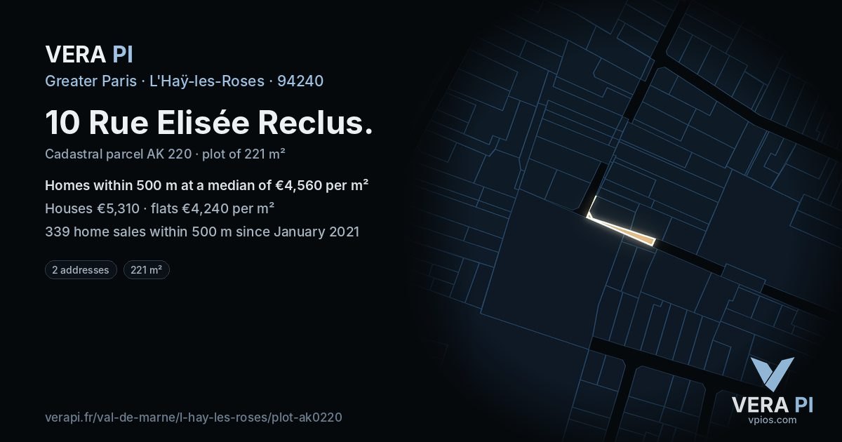 10 Rue Elisée Reclus, L'Haÿ-les-Roses at night – the plot lit, the parcels around coloured by the prices near them
