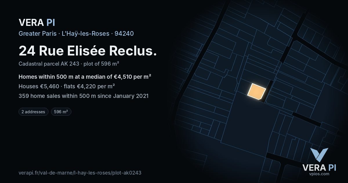 24 Rue Elisée Reclus, L'Haÿ-les-Roses at night – the plot lit, the parcels around coloured by the prices near them