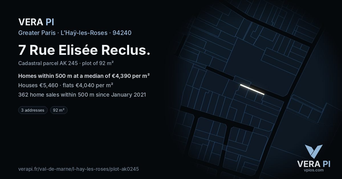 7 Rue Elisée Reclus, L'Haÿ-les-Roses at night – the plot lit, the parcels around coloured by the prices near them