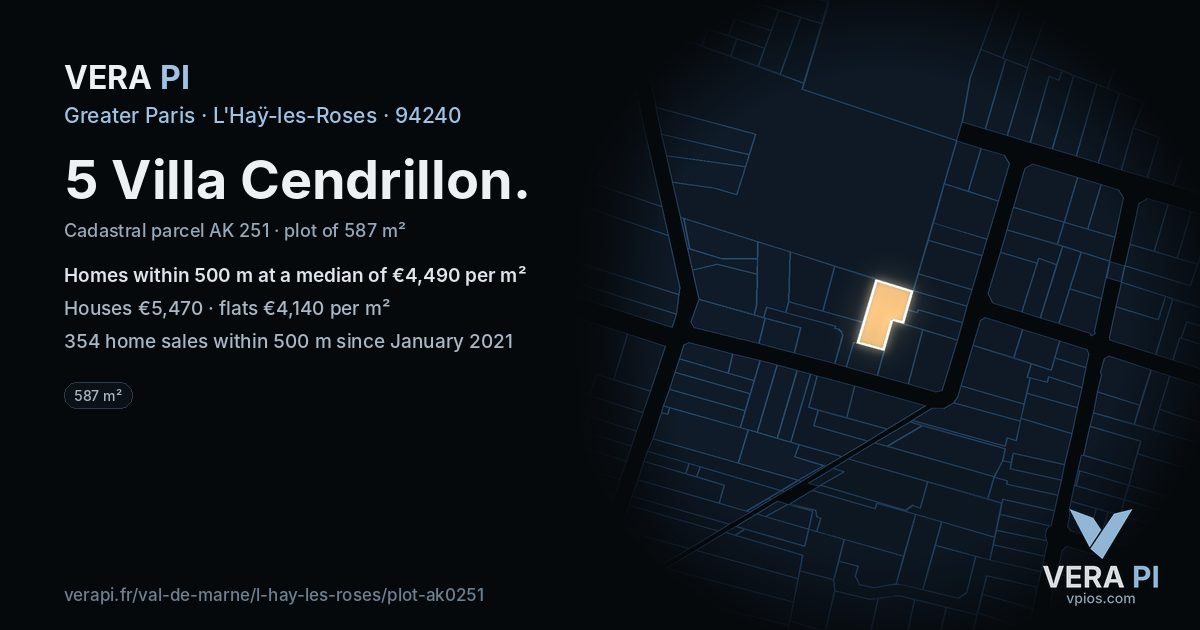 5 Villa Cendrillon, L'Haÿ-les-Roses at night – the plot lit, the parcels around coloured by the prices near them