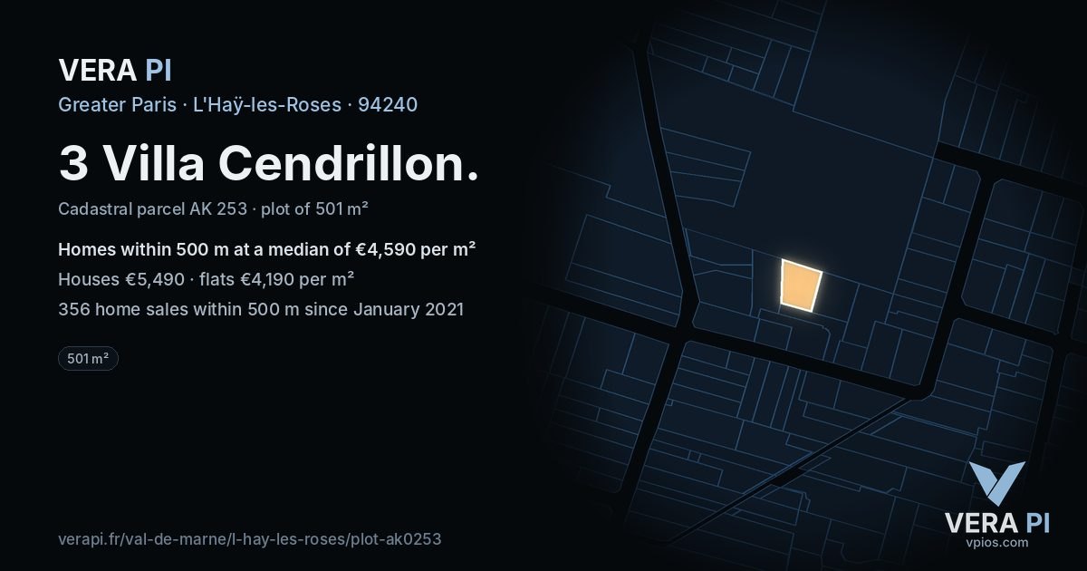 3 Villa Cendrillon, L'Haÿ-les-Roses at night – the plot lit, the parcels around coloured by the prices near them