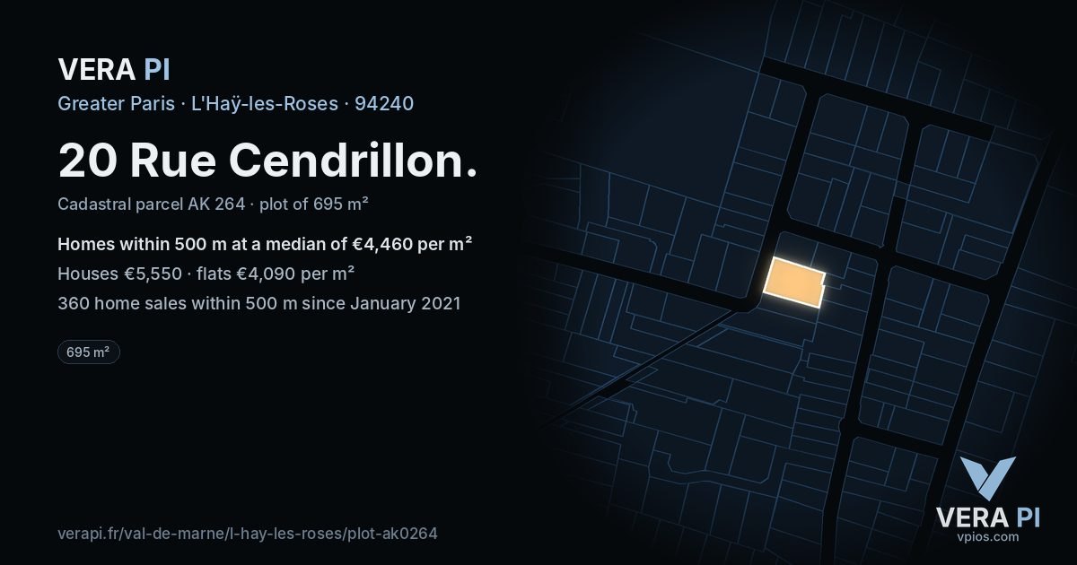 20 Rue Cendrillon, L'Haÿ-les-Roses at night – the plot lit, the parcels around coloured by the prices near them