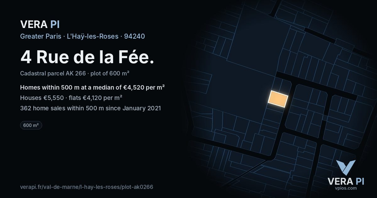 4 Rue de la Fée, L'Haÿ-les-Roses at night – the plot lit, the parcels around coloured by the prices near them