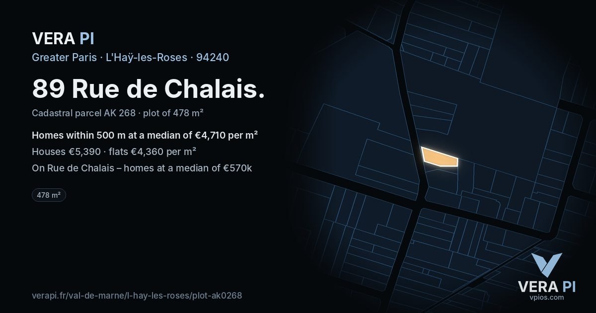 89 Rue de Chalais, L'Haÿ-les-Roses at night – the plot lit, the parcels around coloured by the prices near them