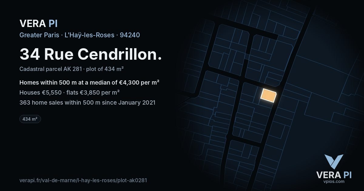 34 Rue Cendrillon, L'Haÿ-les-Roses at night – the plot lit, the parcels around coloured by the prices near them