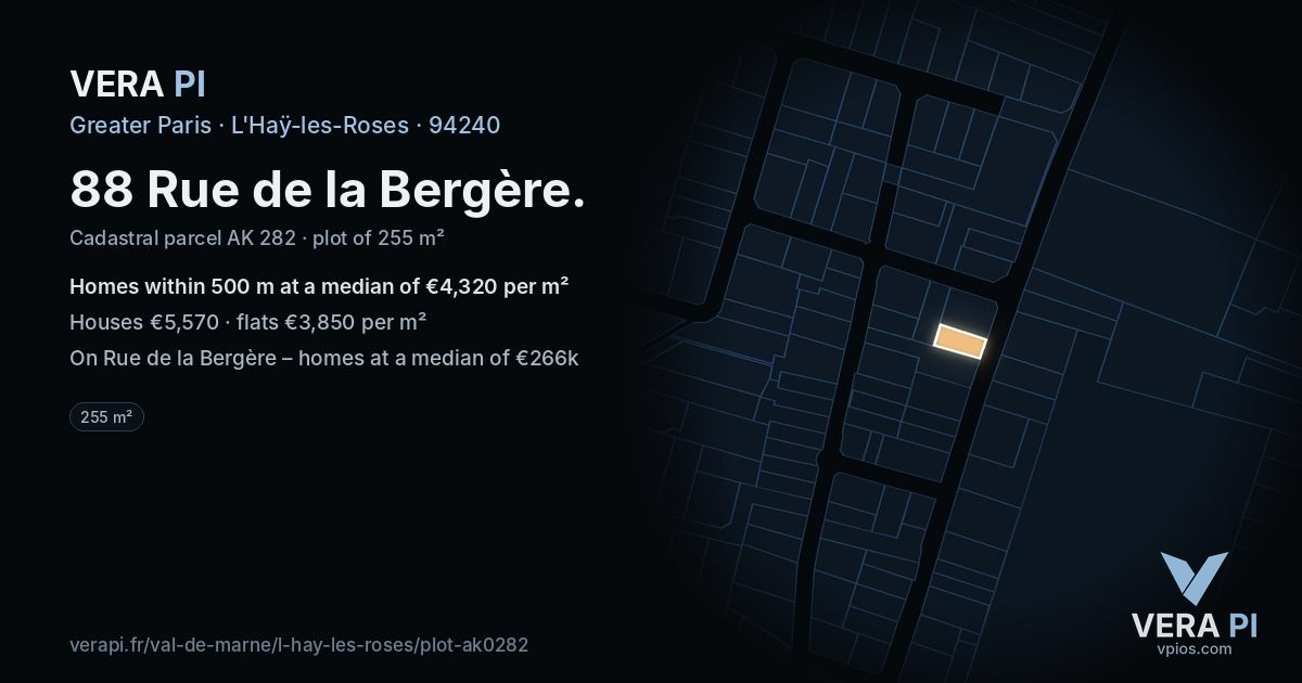 88 Rue de la Bergère, L'Haÿ-les-Roses at night – the plot lit, the parcels around coloured by the prices near them