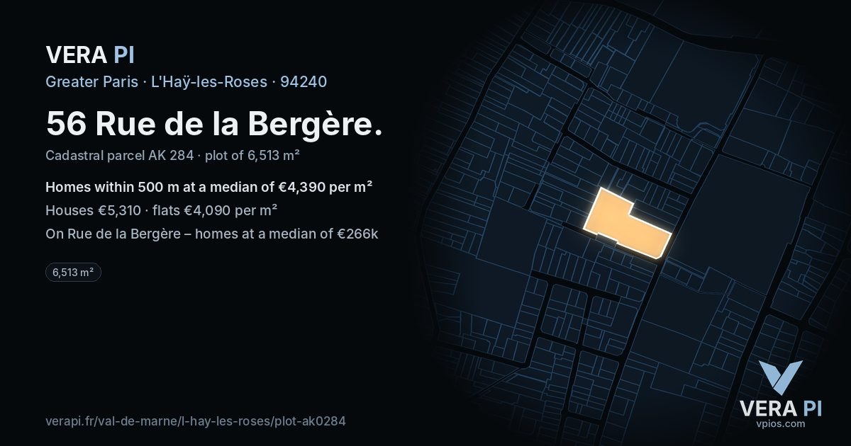 56 Rue de la Bergère, L'Haÿ-les-Roses at night – the plot lit, the parcels around coloured by the prices near them