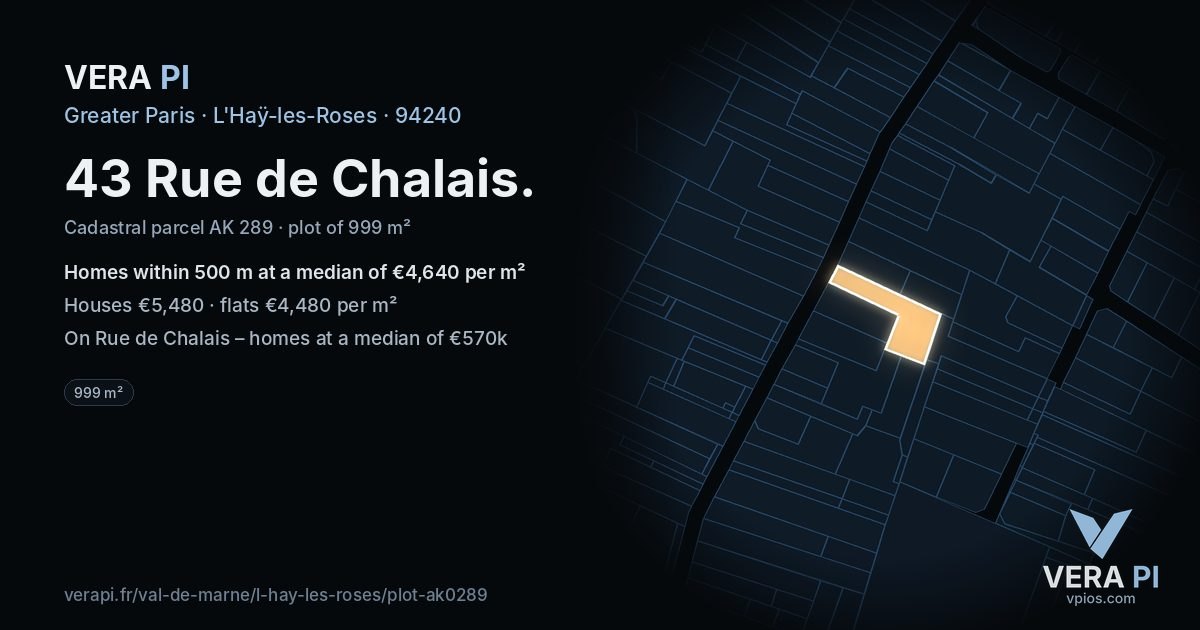 43 Rue de Chalais, L'Haÿ-les-Roses at night – the plot lit, the parcels around coloured by the prices near them