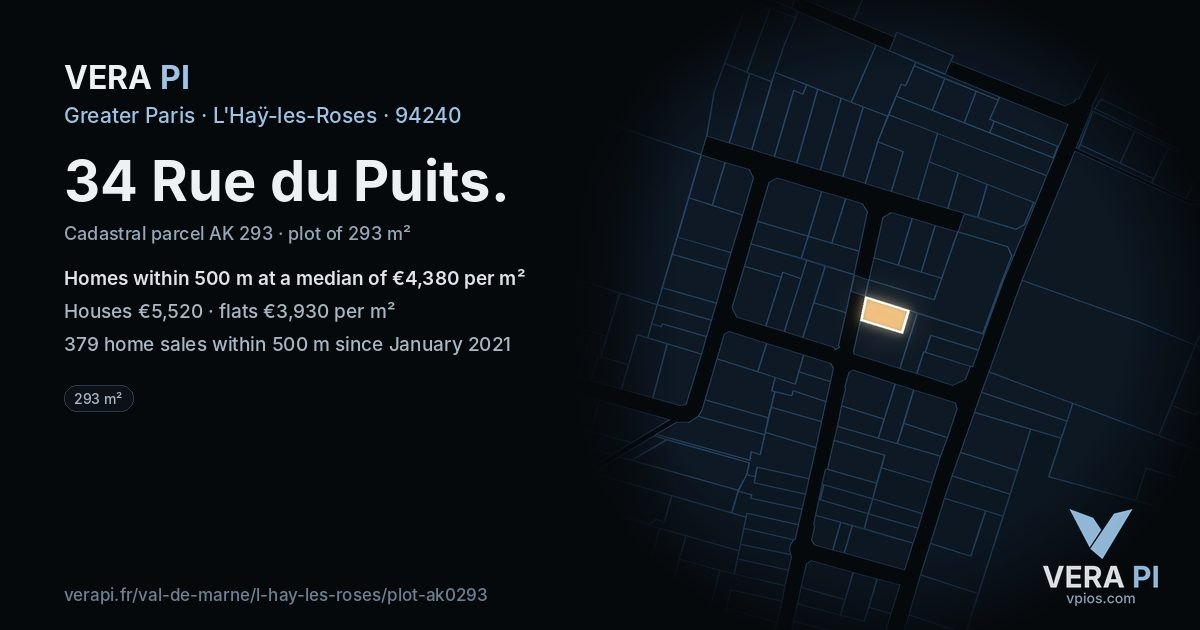 34 Rue du Puits, L'Haÿ-les-Roses at night – the plot lit, the parcels around coloured by the prices near them