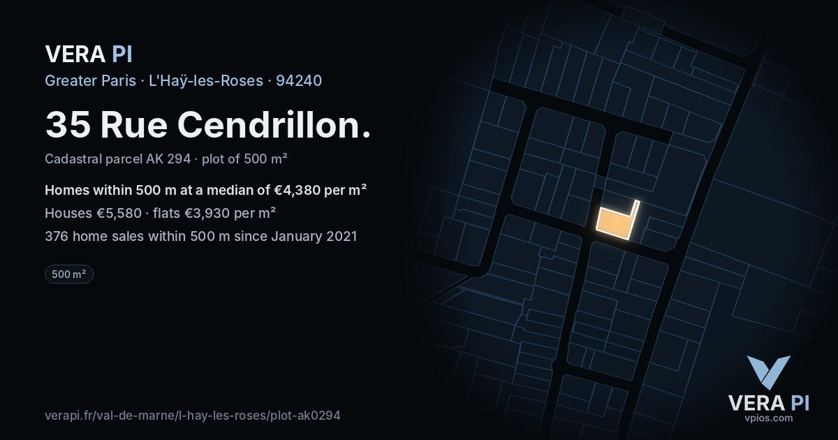 35 Rue Cendrillon, L'Haÿ-les-Roses at night – the plot lit, the parcels around coloured by the prices near them