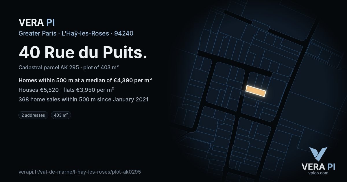 40 Rue du Puits, L'Haÿ-les-Roses at night – the plot lit, the parcels around coloured by the prices near them