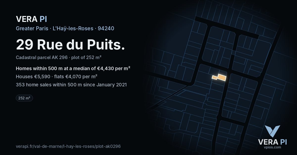 29 Rue du Puits, L'Haÿ-les-Roses at night – the plot lit, the parcels around coloured by the prices near them
