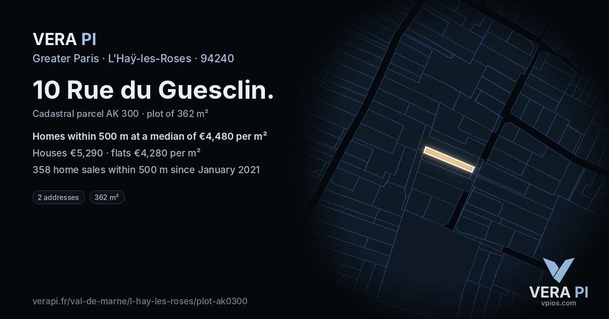 10 Rue du Guesclin, L'Haÿ-les-Roses at night – the plot lit, the parcels around coloured by the prices near them
