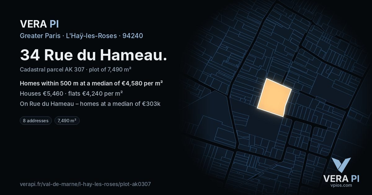 34 Rue du Hameau, L'Haÿ-les-Roses at night – the plot lit, the parcels around coloured by the prices near them