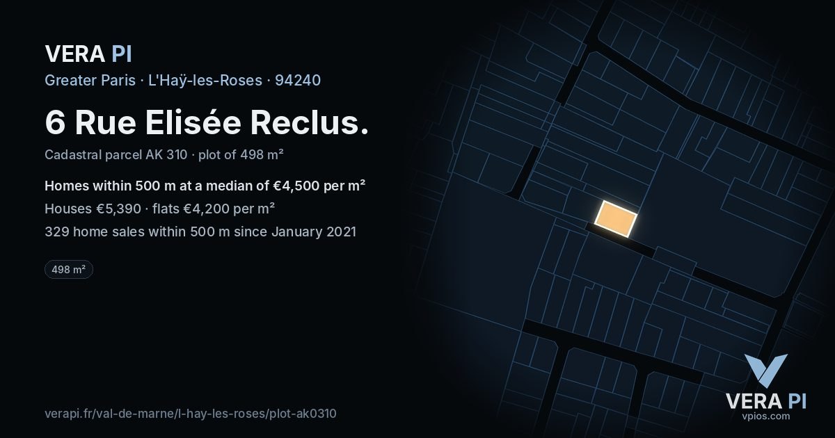 6 Rue Elisée Reclus, L'Haÿ-les-Roses at night – the plot lit, the parcels around coloured by the prices near them