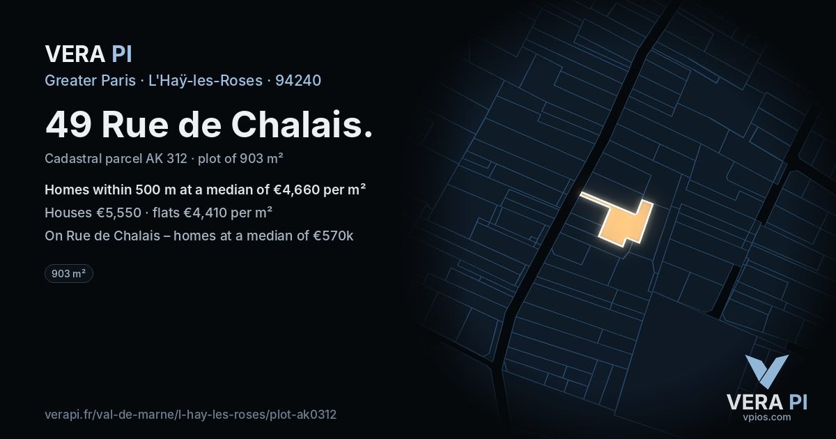 49 Rue de Chalais, L'Haÿ-les-Roses at night – the plot lit, the parcels around coloured by the prices near them