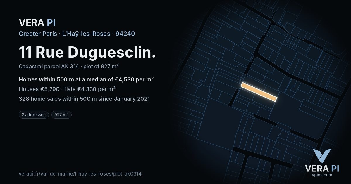 11 Rue Duguesclin, L'Haÿ-les-Roses at night – the plot lit, the parcels around coloured by the prices near them