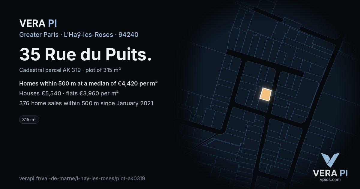 35 Rue du Puits, L'Haÿ-les-Roses at night – the plot lit, the parcels around coloured by the prices near them