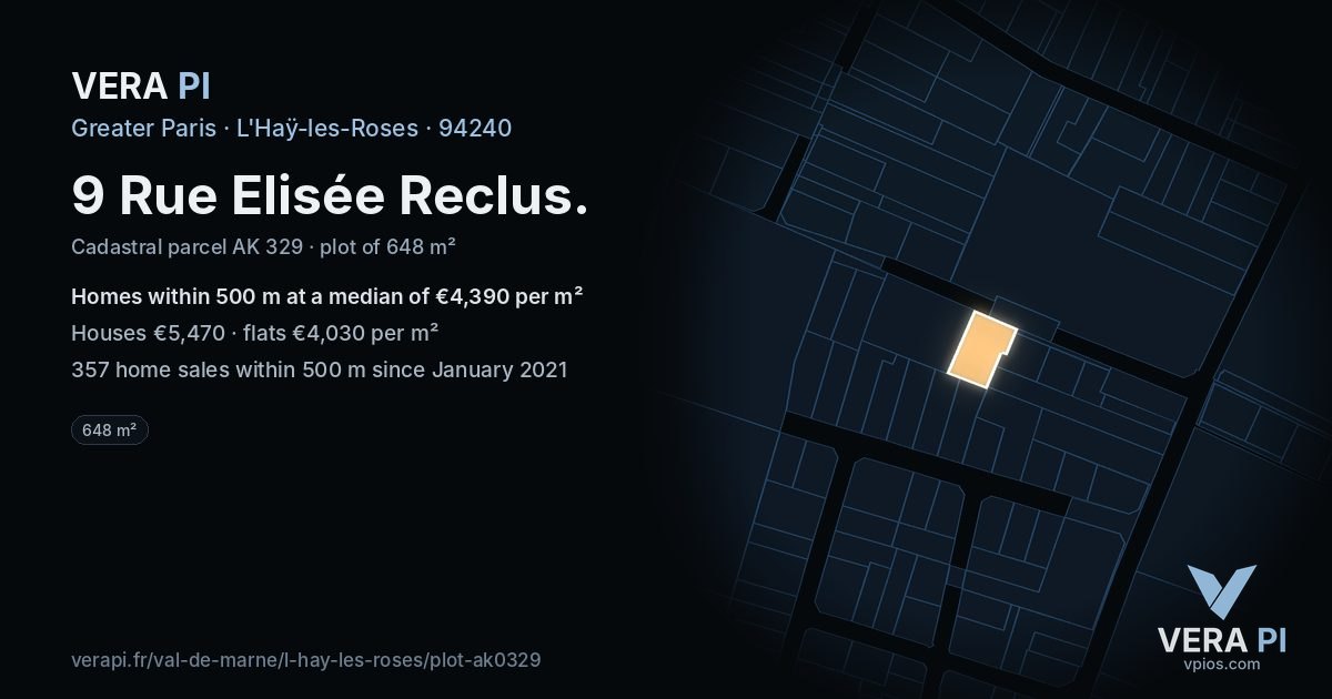 9 Rue Elisée Reclus, L'Haÿ-les-Roses at night – the plot lit, the parcels around coloured by the prices near them
