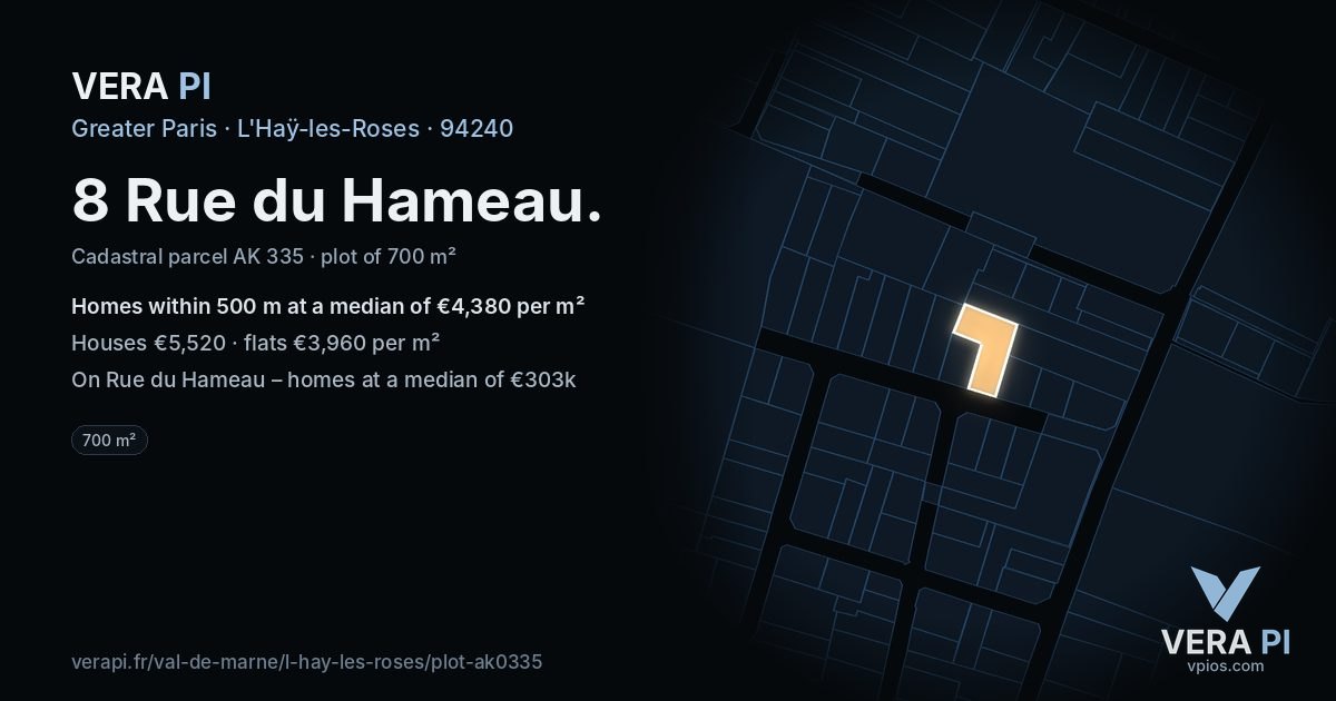 8 Rue du Hameau, L'Haÿ-les-Roses at night – the plot lit, the parcels around coloured by the prices near them
