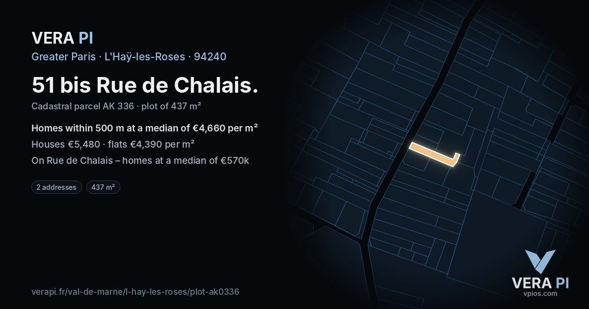 51 bis Rue de Chalais, L'Haÿ-les-Roses at night – the plot lit, the parcels around coloured by the prices near them