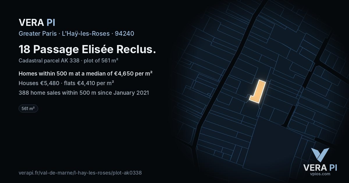 18 Passage Elisée Reclus, L'Haÿ-les-Roses at night – the plot lit, the parcels around coloured by the prices near them