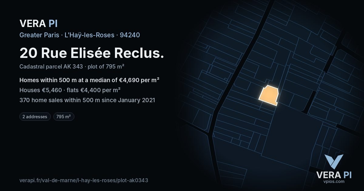 20 Rue Elisée Reclus, L'Haÿ-les-Roses at night – the plot lit, the parcels around coloured by the prices near them