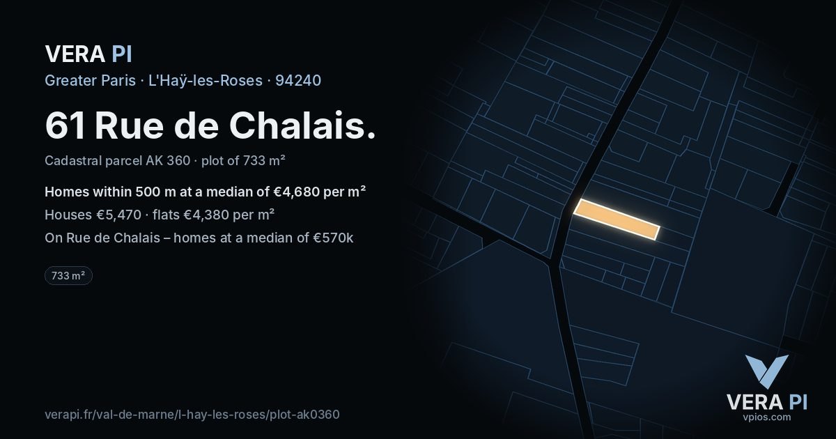61 Rue de Chalais, L'Haÿ-les-Roses at night – the plot lit, the parcels around coloured by the prices near them
