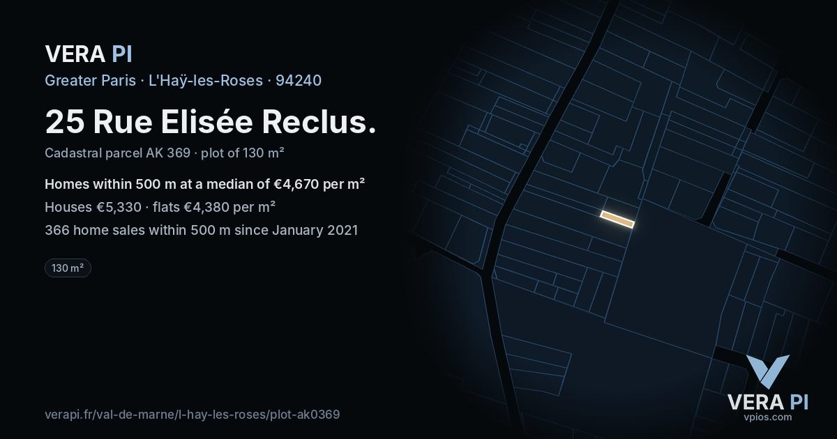 25 Rue Elisée Reclus, L'Haÿ-les-Roses at night – the plot lit, the parcels around coloured by the prices near them