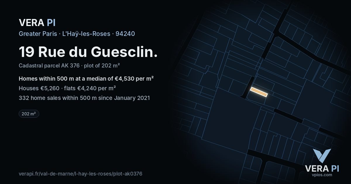 19 Rue du Guesclin, L'Haÿ-les-Roses at night – the plot lit, the parcels around coloured by the prices near them